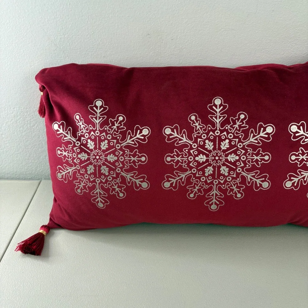 Burgundy Red Velvet Snowflake Lumbar Pillow Silver Metal Tassels 20x12 Holiday